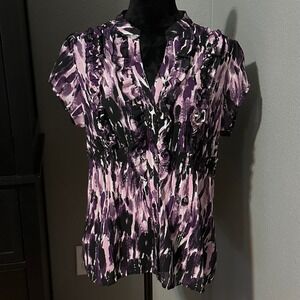 New Options‎ Blouse XL Purple Abstract Ruffle Button Y2K Indie Grunge Artsy